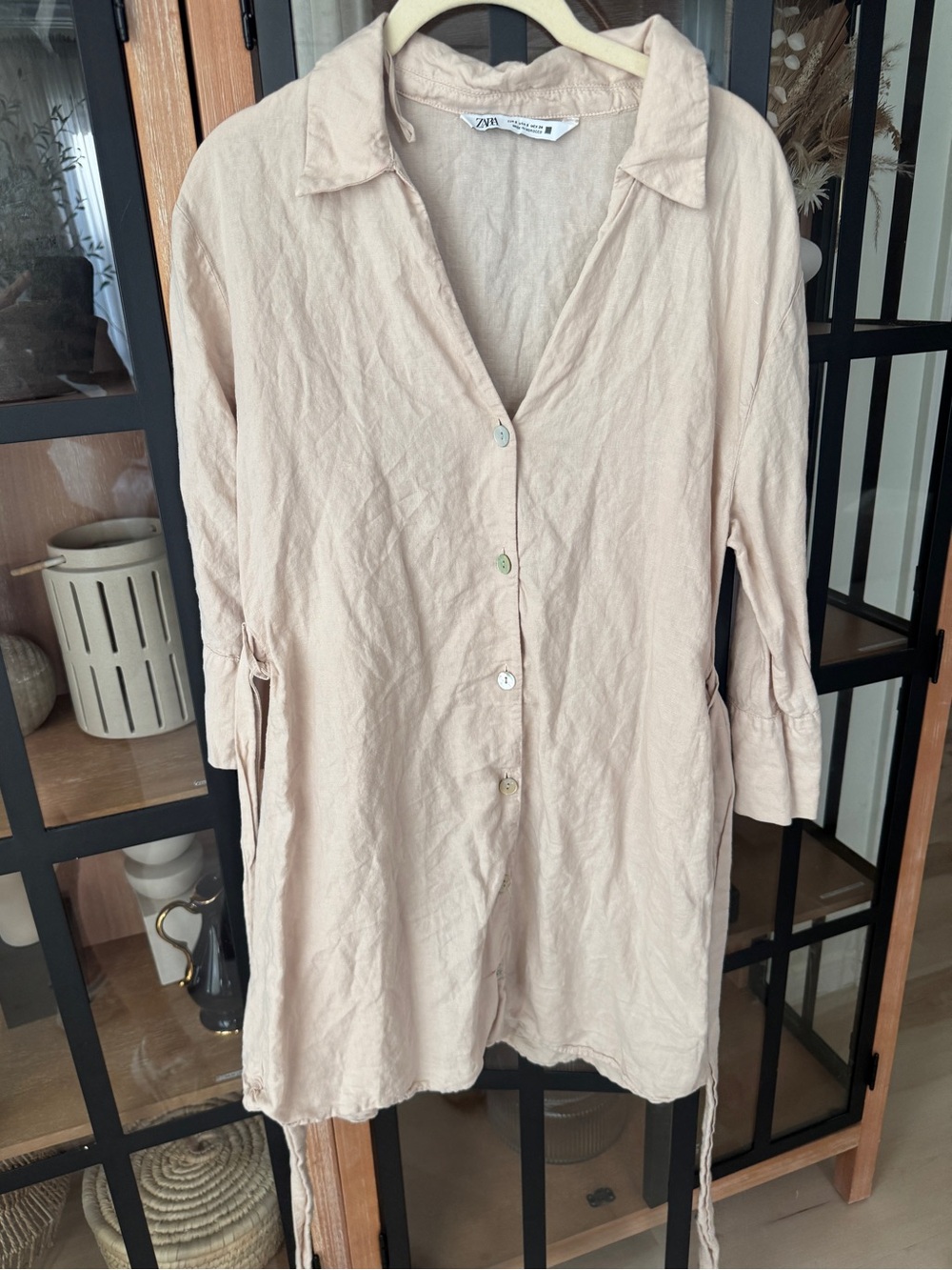 Zara ecru linen shirt dress adjustable Tie back. 3/4 long sleeve buttons collar